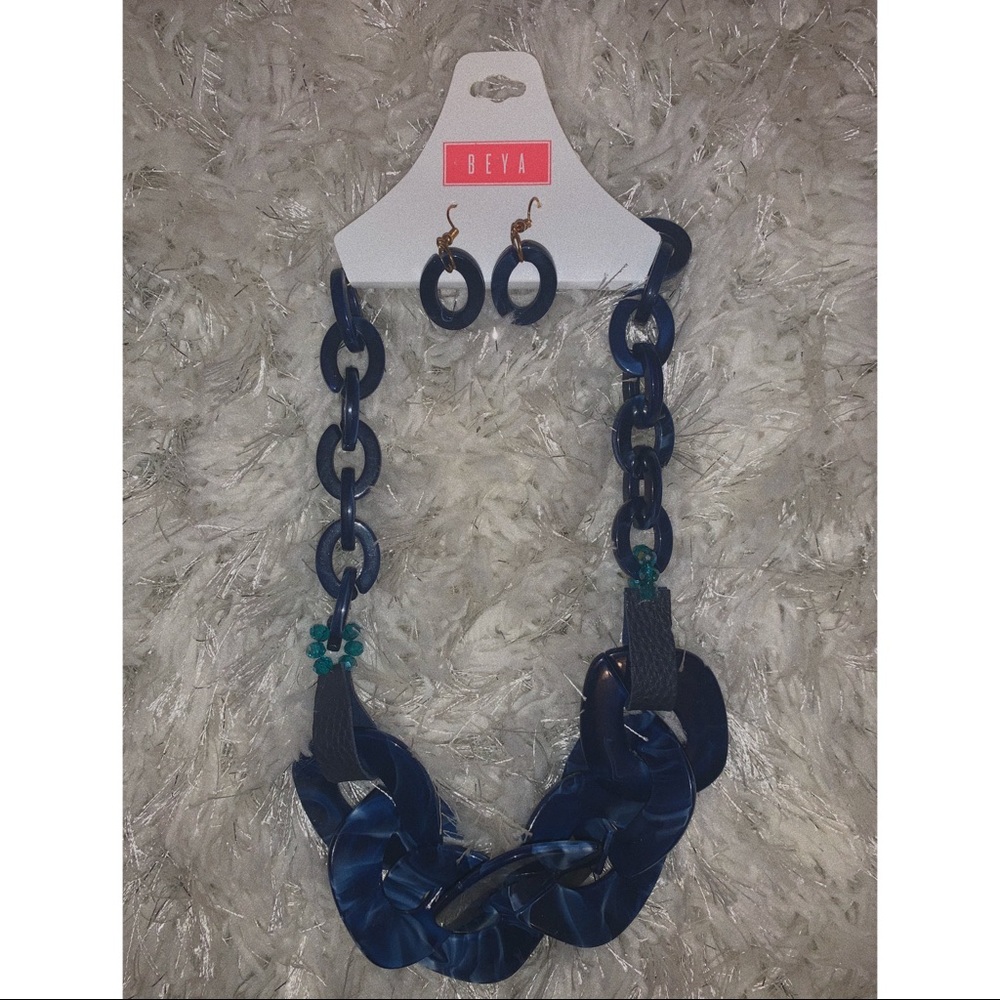 Blue Marble link necklace with earrings